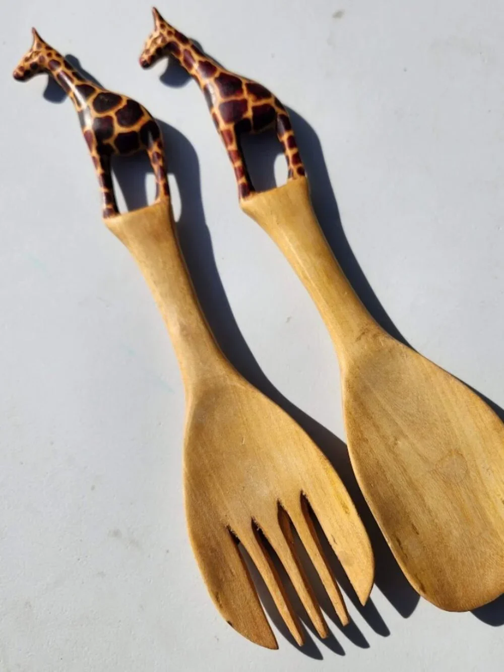 New Hand Carved Wood Giraffe Fork Spoon Serving Set Safari African Folk Art Home